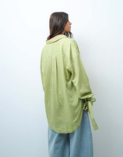 ASOS DESIGN tie cuff detail soft striped shirt in green stripe, 4 of 4