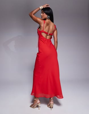 Asos Design Tie Detail Corset Bias Cut Maxi Dress With Frills In Red
