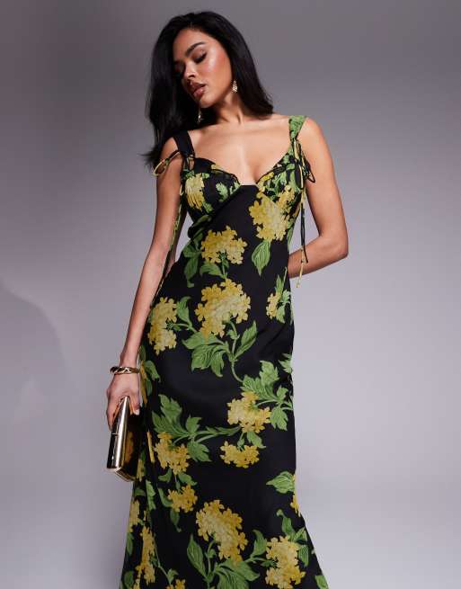 ASOS DESIGN tie detail corset bias maxi dress with frills in black based floral print