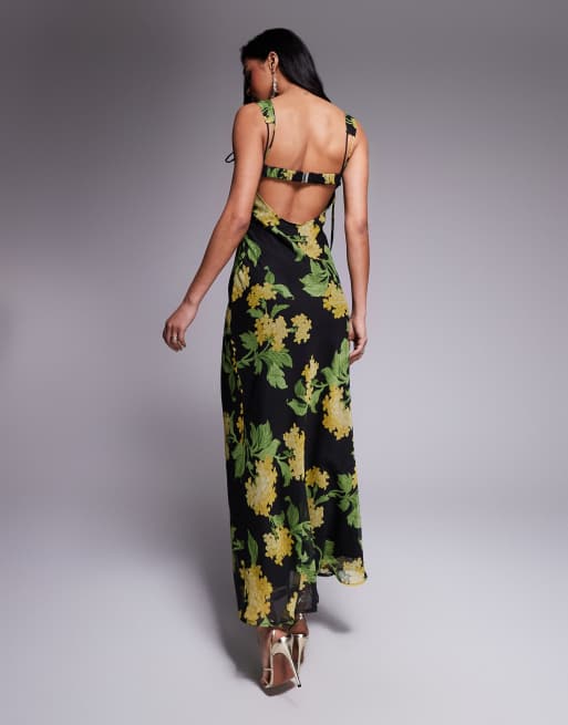 ASOS DESIGN tie detail corset bias maxi dress with frills in black based floral print