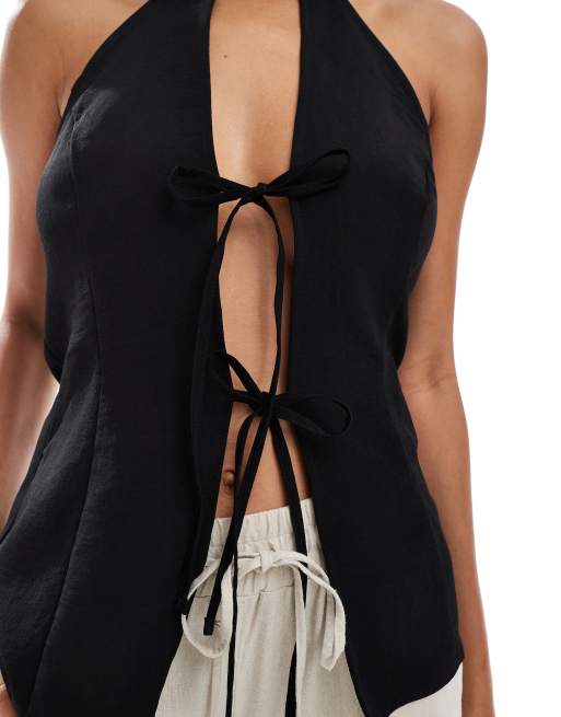 ASOS DESIGN tie detail halter top in black, 3 of 4