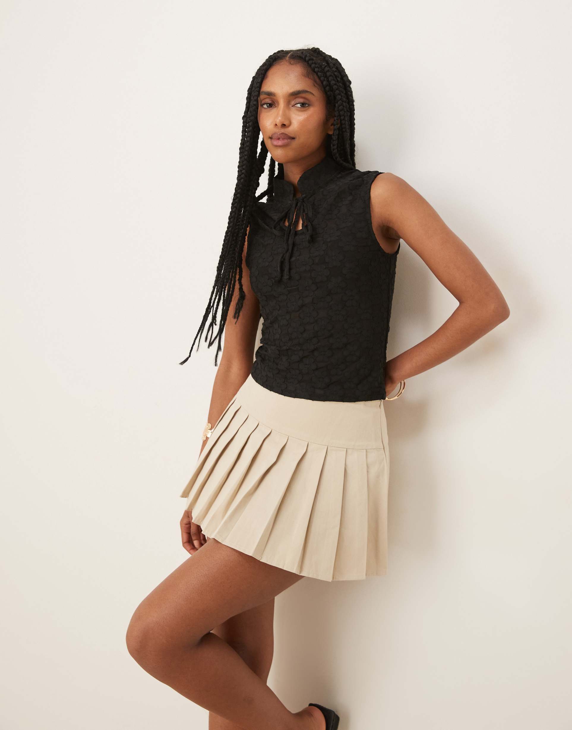 asos design tie detail high neck top in black floral lace