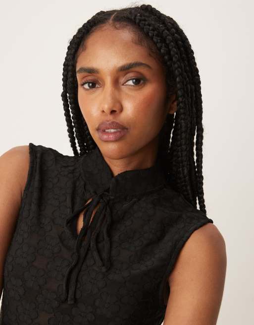 ASOS DESIGN tie detail high neck top in black floral lace, 4 of 4