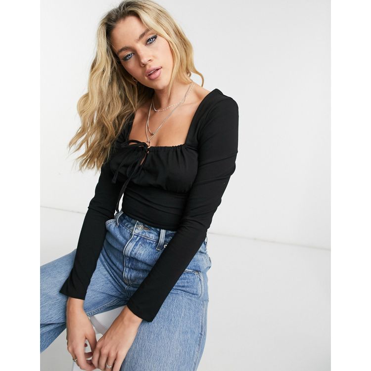 Mesh Tie-Up Long Sleeve Square Neck Crop Top – Free From Label