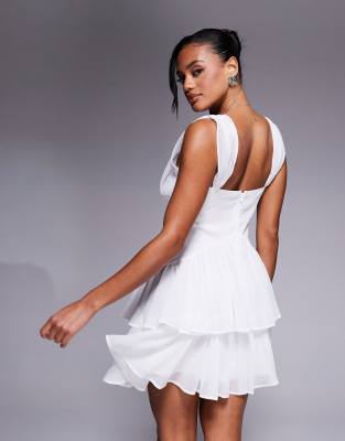 Asos Design Tie Detail Mini Dress With Pintucks And Rara Skirt In White