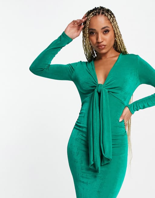 ASOS DESIGN tie detail plunge maxi dress with long sleeve in slinky green