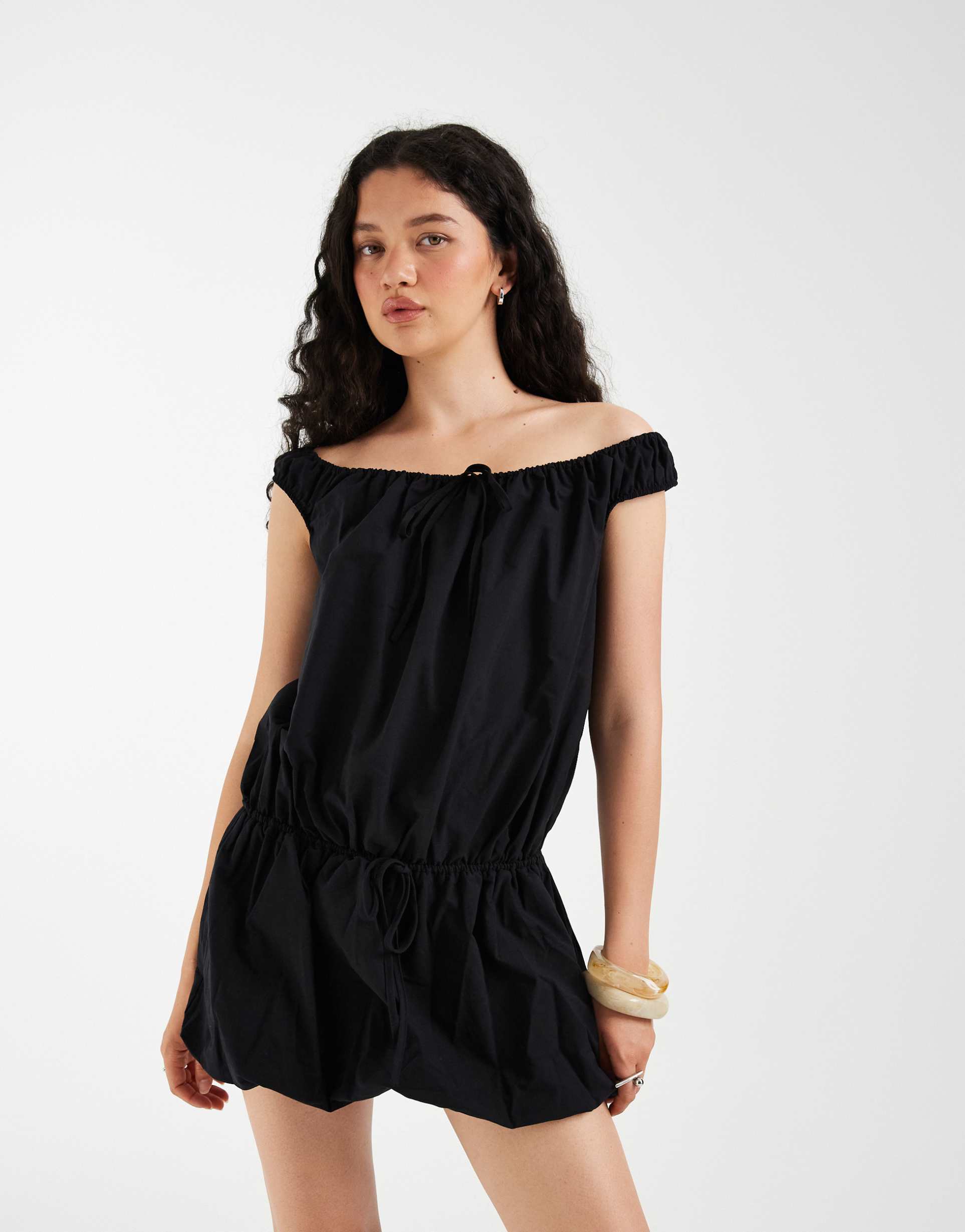 asos design tie detail puff mini dress in black