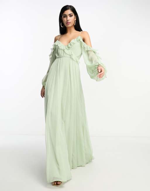 ASOS DESIGN tie detail ruffle wrap maxi dress in sage green