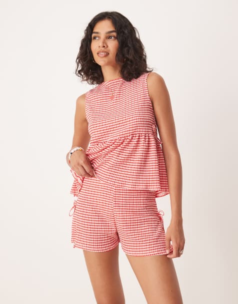 ASOS DESIGN tie detail short co-ord in red gingham - view 1