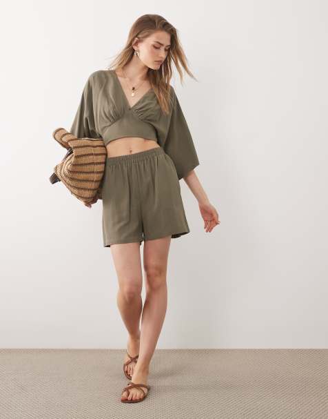 ASOS DESIGN tie detail shorts in sage - part of a set - view 1