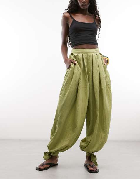 ASOS DESIGN tie detail soft barrel pants in green stripe - view 1