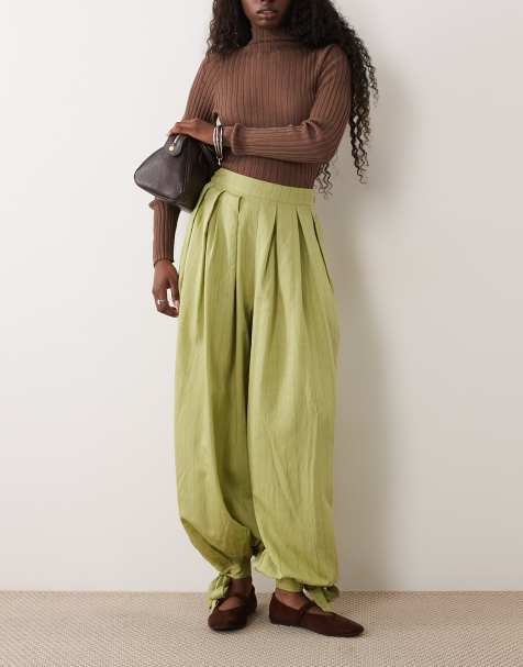 ASOS DESIGN tie detail soft barrel striped pants in green stripe - view 1