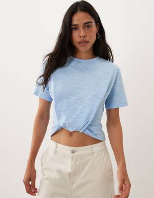 Asos Design Tie Detail Tee With Texture Fabric In Blue