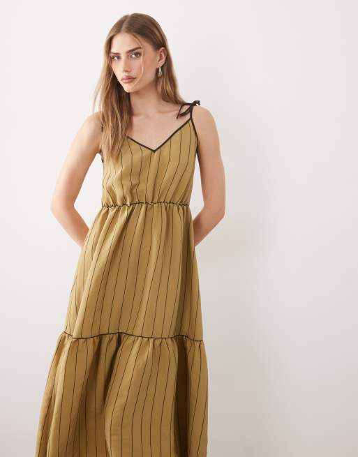 ASOS DESIGN tie detail tiered maxi dress with tipping in olive  , 2 of 4