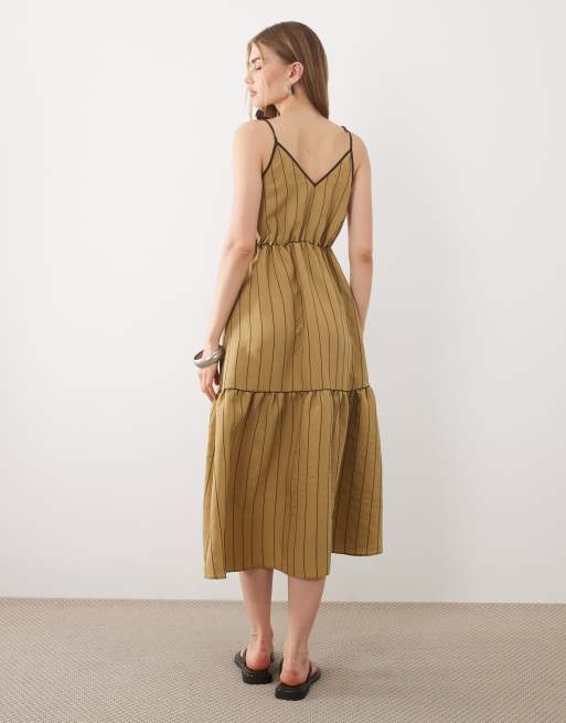 ASOS DESIGN tie detail tiered maxi dress with tipping in olive  , 4 of 4