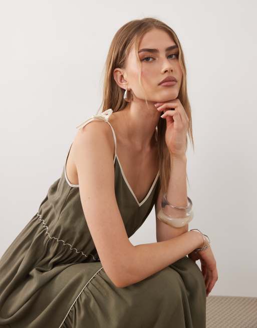 ASOS DESIGN tie detail tiered maxi dress with tipping in sage green , 3 of 4