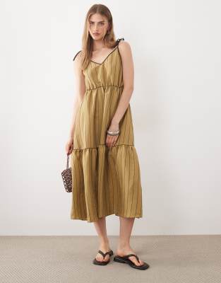 Asos Design Tie Detail Tiered Maxi Dress-multi In Brown