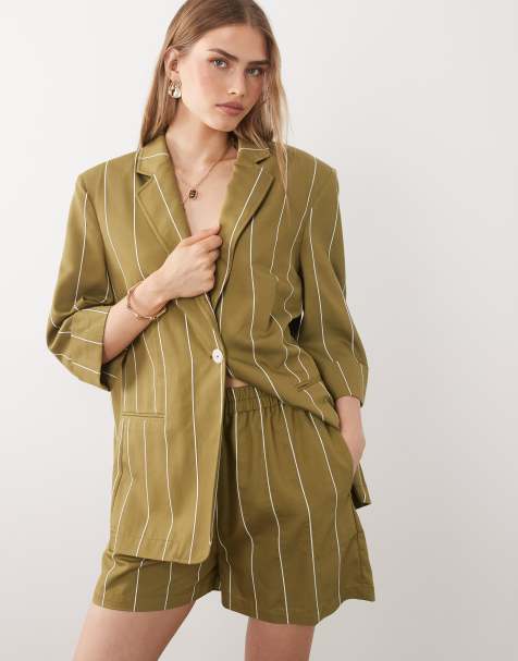 ASOS DESIGN tie detailing shorts in olive stripes - part of a set - view 1