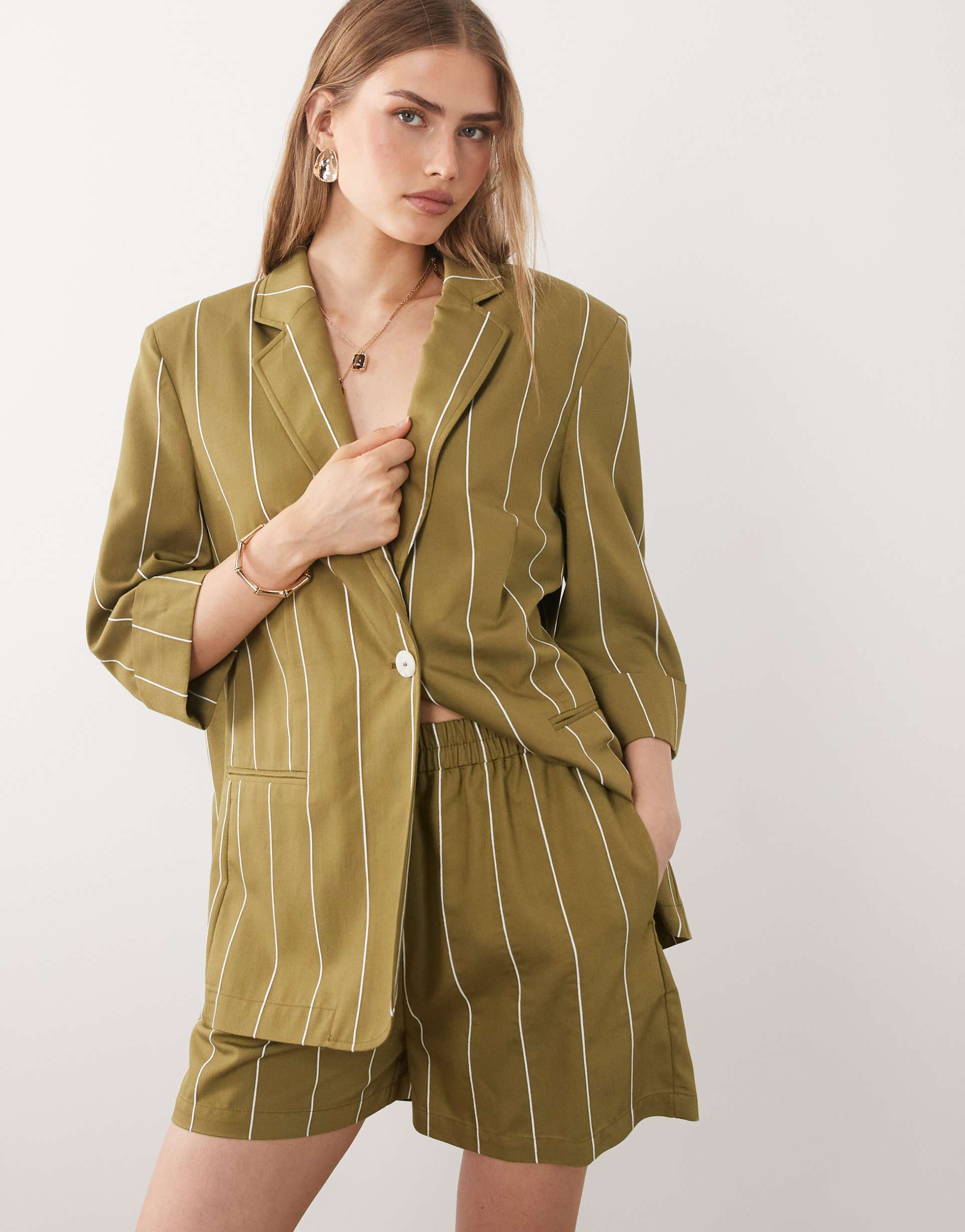 asos design tie detailing shorts in olive stripes - part of a set