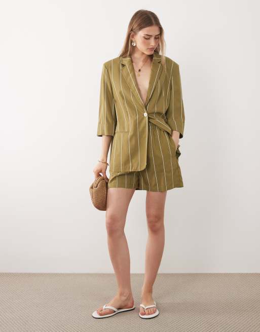 ASOS DESIGN tie detailing shorts in olive stripes - part of a set , 2 of 5