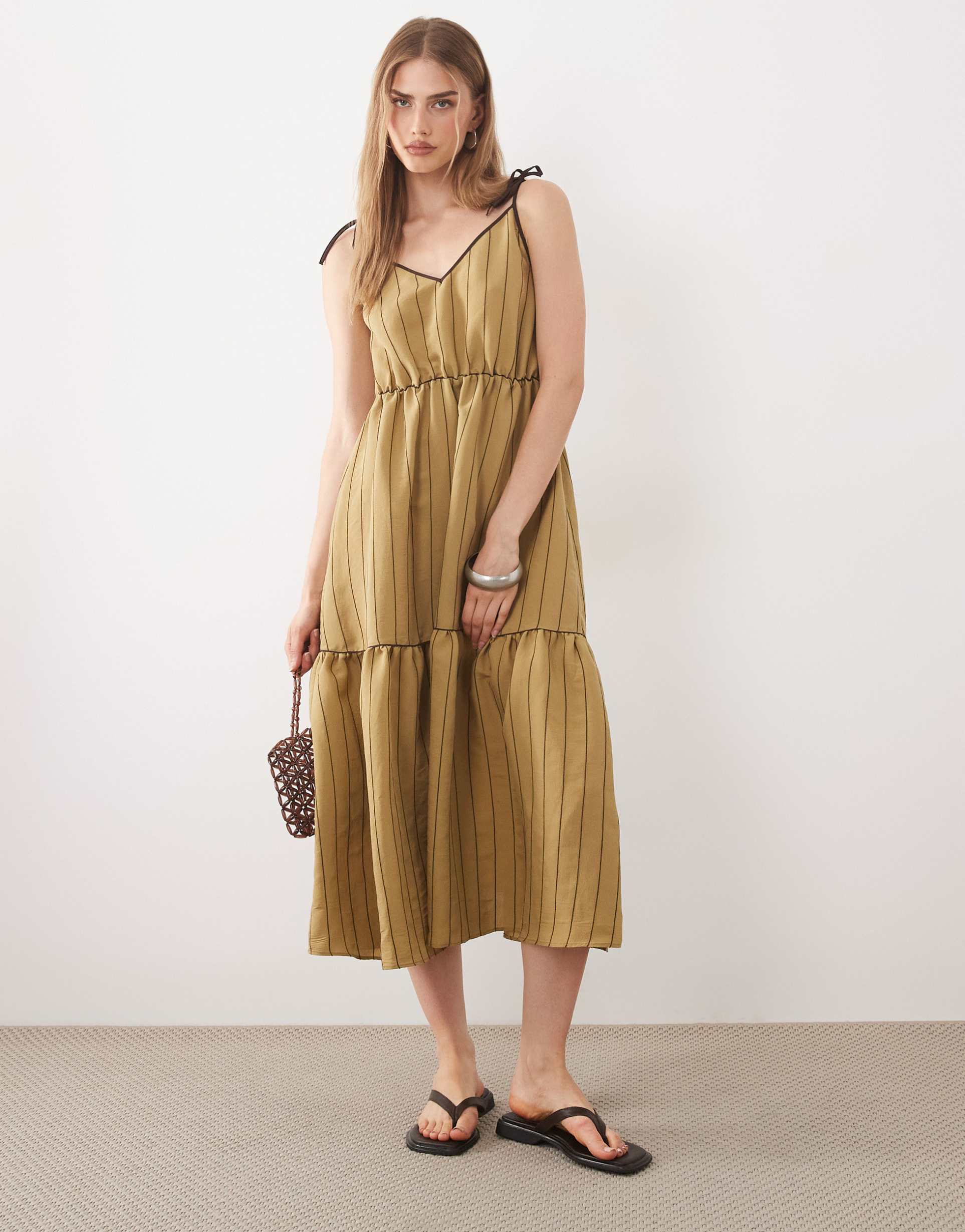 asos design tie detailing tiered maxi dress with tipping in olive