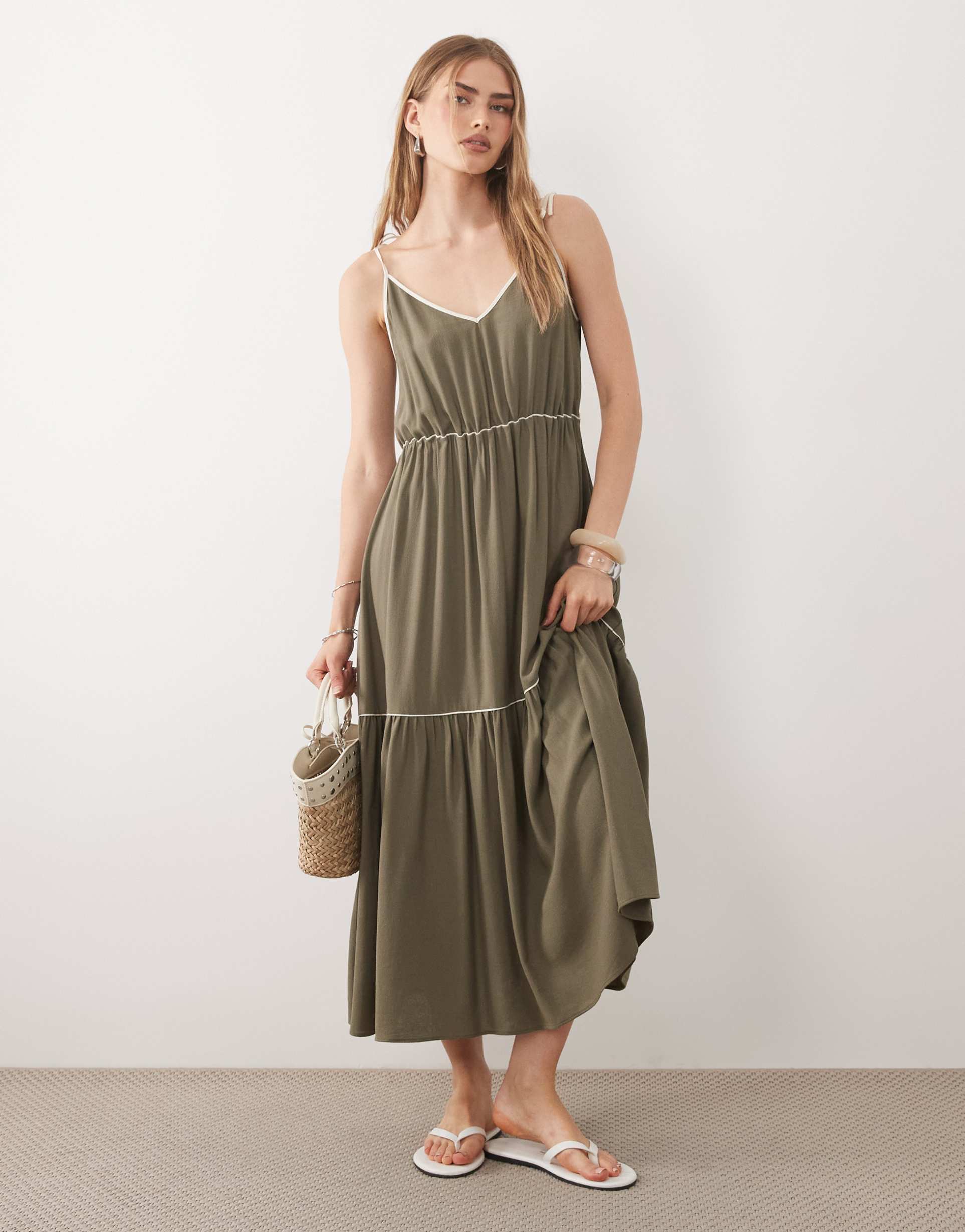 asos design tie detailing tiered maxi dress with tipping in sage green