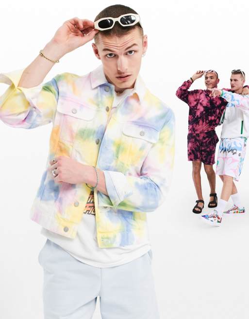 ASOS DESIGN tie dye denim jacket in rainbow wash