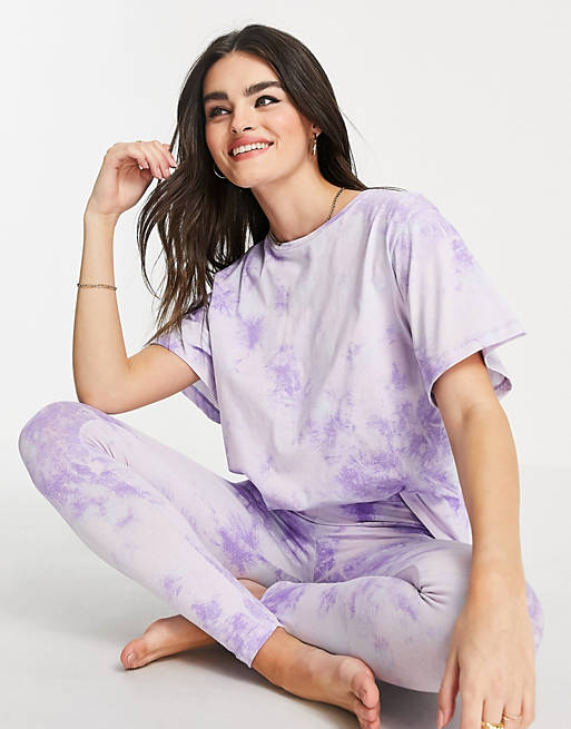Lingerie & Nightwear tie dye tee & legging pyjama set in blue & lilac 