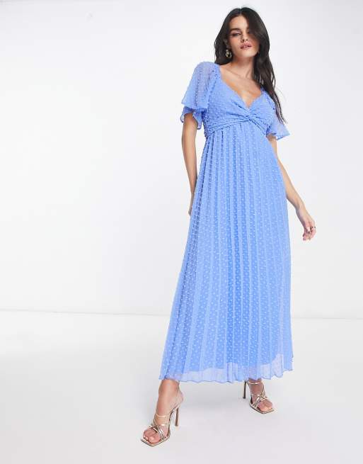 ASOS DESIGN tie front angel sleeve dobby midi dress in cornflower blue ASOS