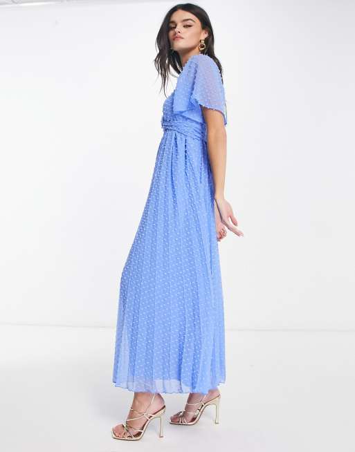ASOS DESIGN tie front angel sleeve textured midi dress in cornflower blue ASOS