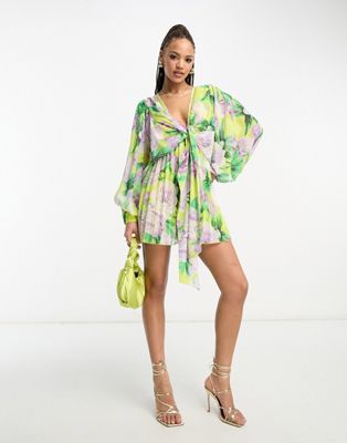 ASOS DESIGN tie front batwing pleated playsuit in yellow floral - ASOS Price Checker