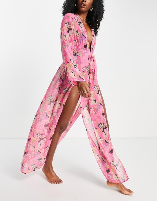 ASOS DESIGN Tie Front Beach Maxi Beach Kimono In Bold Floral Print