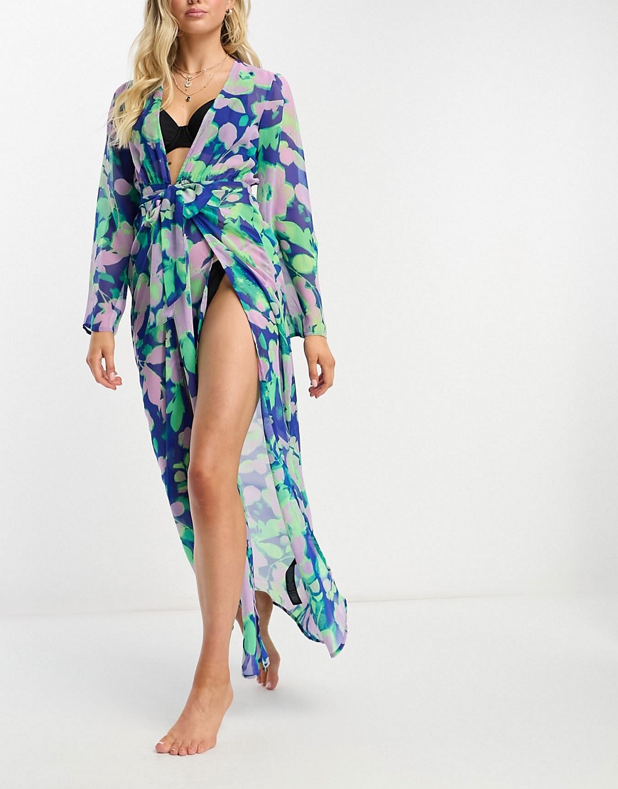 Asos Design Tie Front Beach Maxi Beach Kimono In Heatmap Floral Print-multi