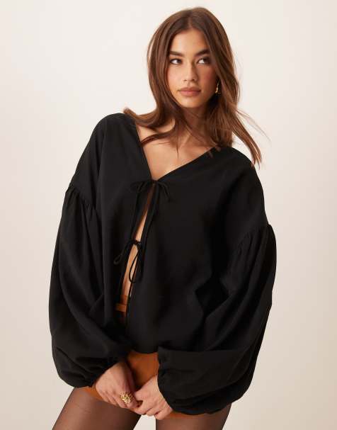 ASOS DESIGN tie front blouse in black - view 1