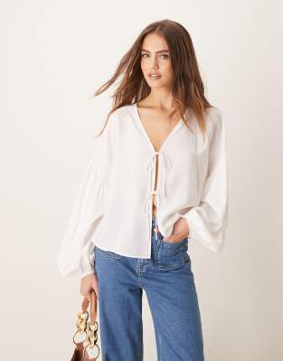 tie front blouse in ivory-White