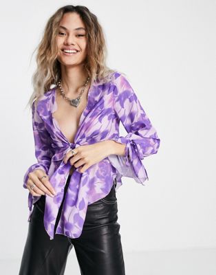 ASOS DESIGN tie front blouse with frill detail in purple floral  - ASOS Price Checker