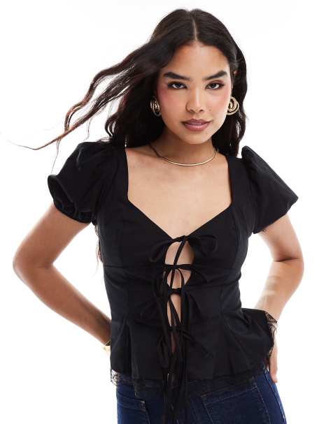 ASOS DESIGN tie front blouse with mini puff sleeve in black - view 1