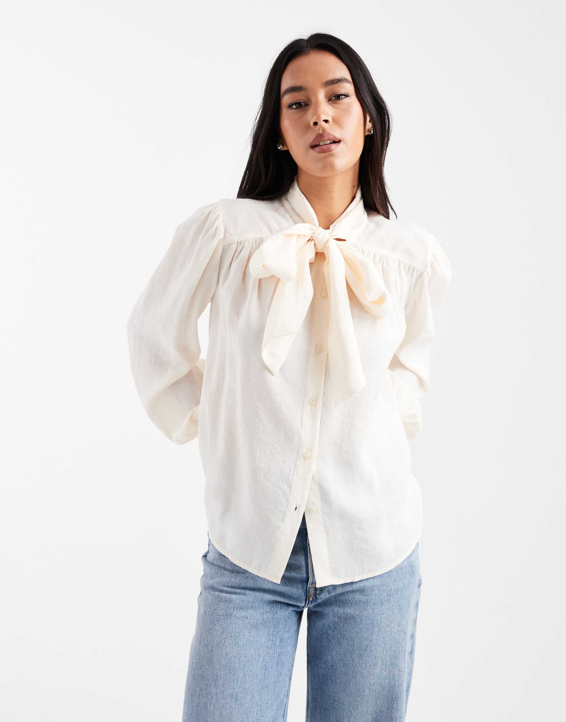 asos design tie front blouson blouse in cream