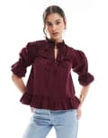 [ASOS DESIGN] ASOS DESIGN tie front broderie yoke long sleeve top in dark cherry-Red 12 Burgundy