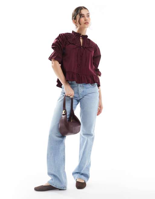 ASOS DESIGN tie front broderie yoke long sleeve top in dark cherry