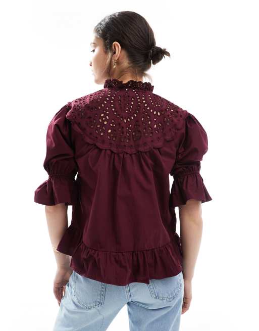 ASOS DESIGN tie front broderie yoke long sleeve top in dark cherry