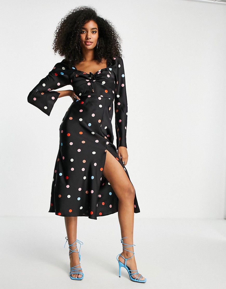 ASOS DESIGN tie front bust midi dress with flare sleeve in multicolored spot print