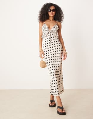 ASOS DESIGN tie front bust ruffle midi dress in polka dot print-Multi