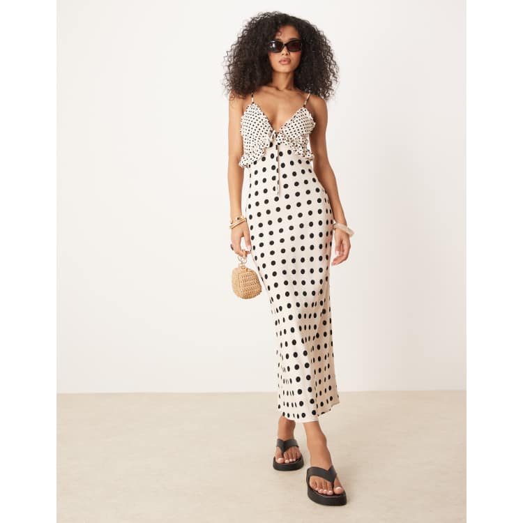 ASOS DESIGN tie front bust ruffle midi dress in polka dot print | ASOS