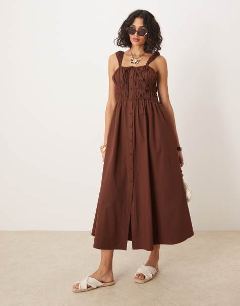 ASOS DESIGN tie front button down midi sundress in chocolate - view 1