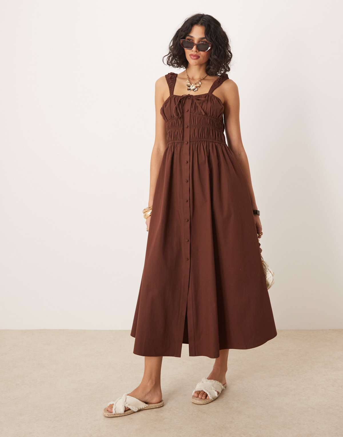 ASOS DESIGN tie front button down midi sundress in chocolate