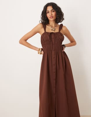 Asos Design Tie Front Button Down Midi Sundress In Brown