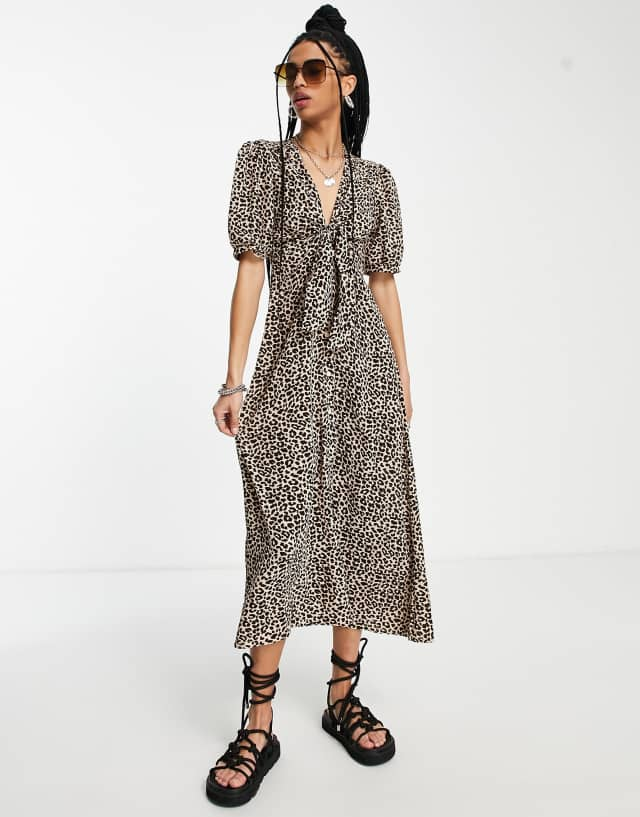 ASOS DESIGN tie front button through midi dress in animal print