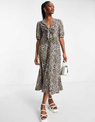 ASOS DESIGN tie front button through midi dress in animal print-Multi