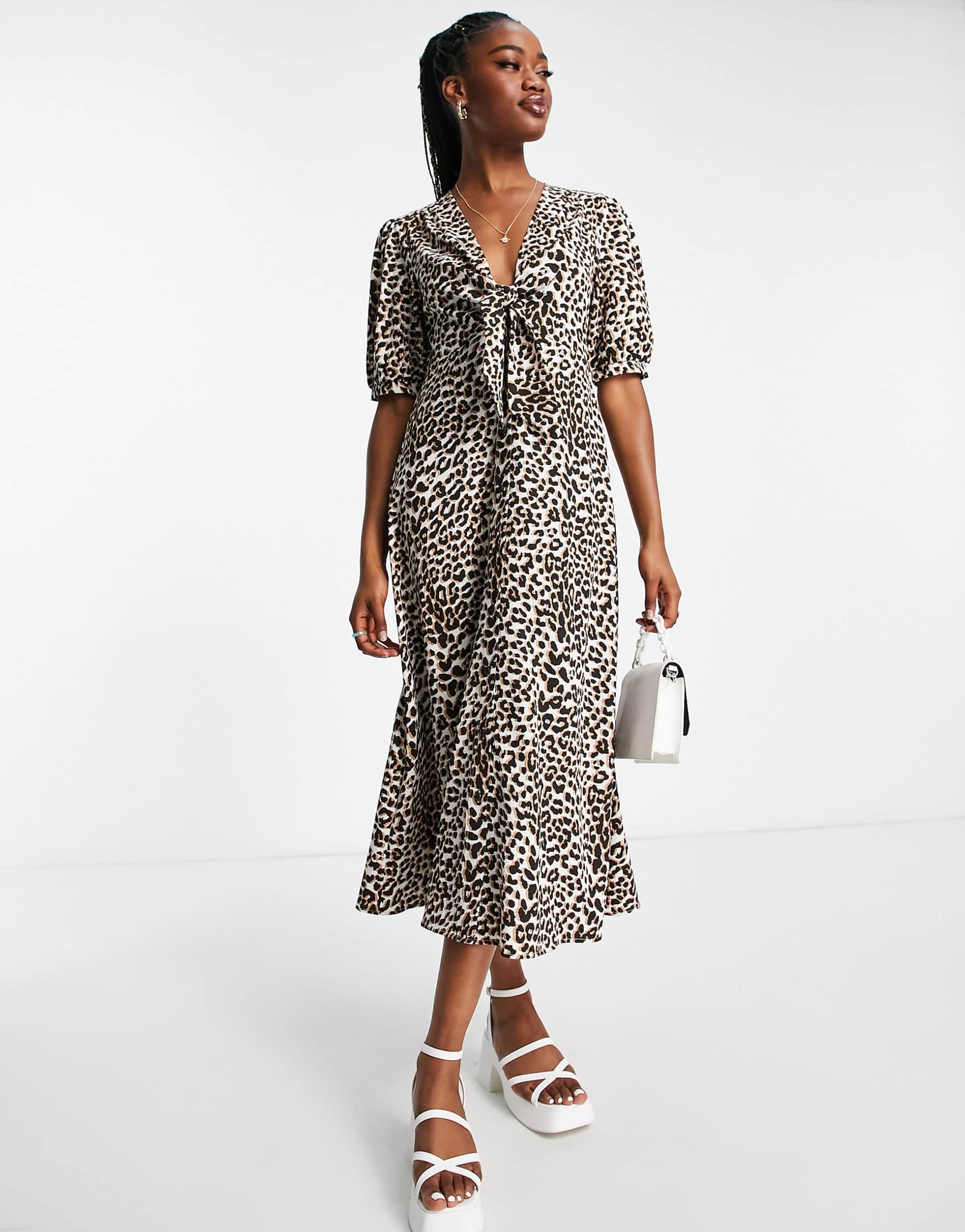 asos design tie front button through midi dress in animal print